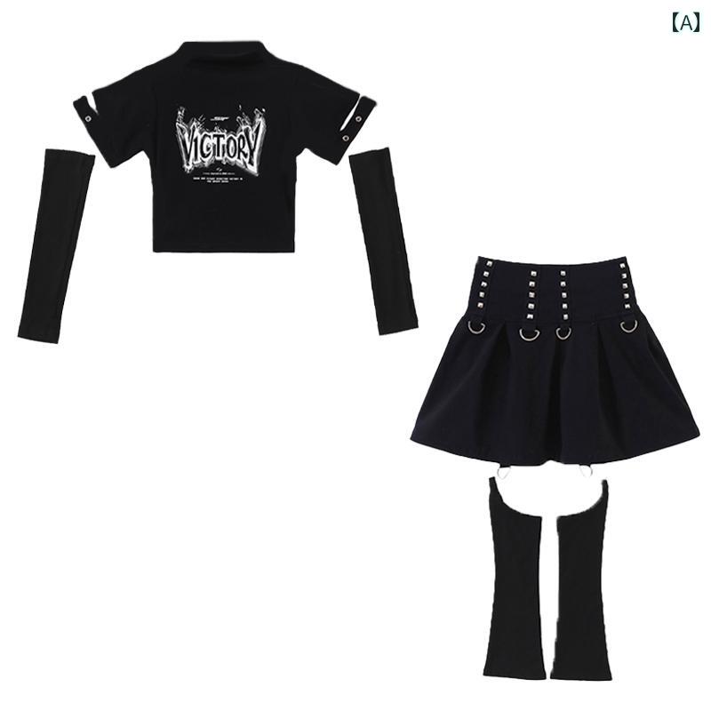 キッズ 子供 半袖ショートトップス お腹見せ 女の子 ダンス 衣装 セット ヒップホップ ストリート ステージ パフォーマンス ファッション 黒 韓国 おしゃれ かわいい 動きやい 映え