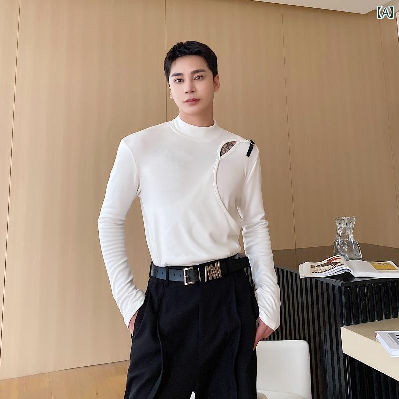 맨즈 탑스 가을 겨울 하프 하이넥 가죽 밴드 긴팔 T 셔츠 한국 슬림 타이트