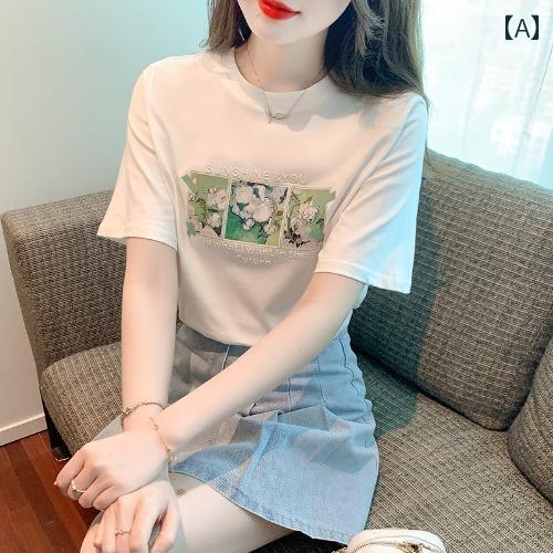 レディース Tシャツ プリントシャツ 半袖 夏 スタイリッシュ おしゃれ カジュアル ゆったり ホームウェア 大人 レディース ファッション