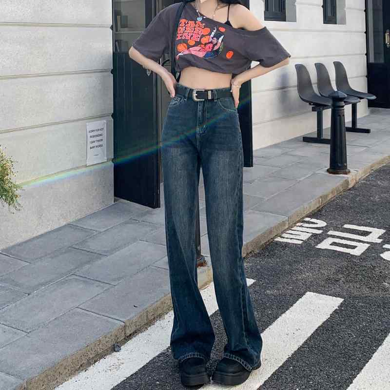 Straight Jeans - パンツ デニムパンツ レディース アメリカン レトロ ハイウエスト ワイド レッグ ジーンズ 女性用 ドレープ ストレート フロア レングス モップ