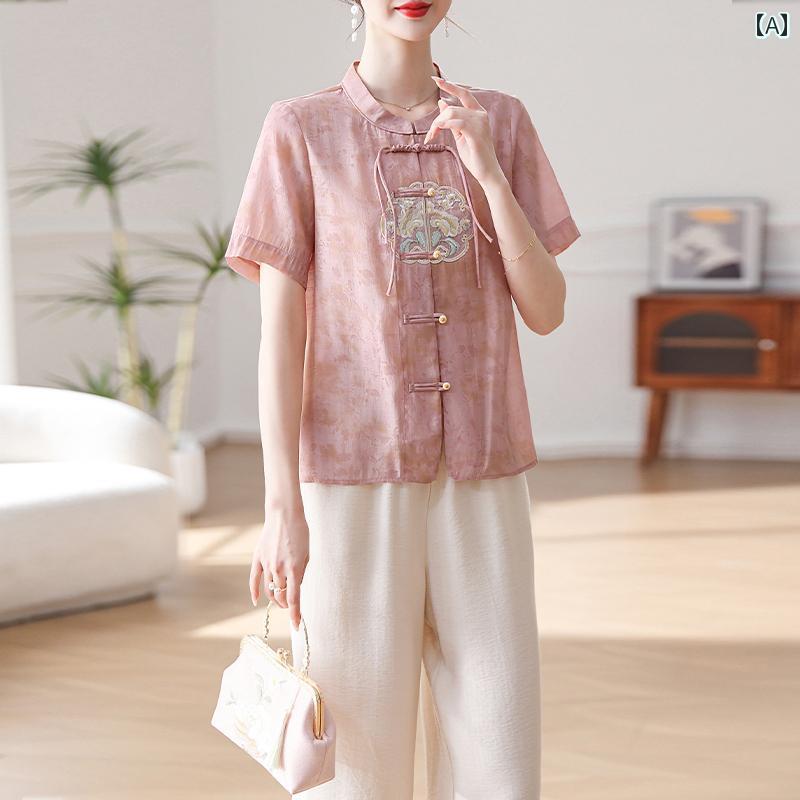 お母さん スポーツウェア セットアップ 夏 半袖 チャイナ風 トップス ワイドパンツ 上下 2点セット レディース レディース おしゃれ 模様 通気性 軽量 大きめサイズ カラー