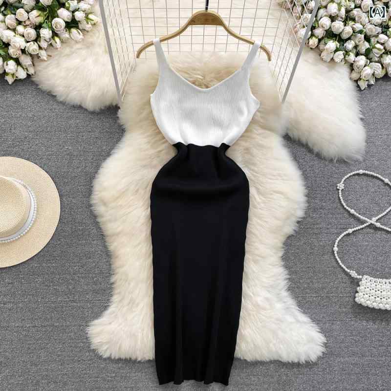 レディース 夏 ワンピース フランス 優しい 対照的 カラー ニット サスペンダー スカート V ネックノースリーブ スリムフィット ヒップ ハグ ドレス