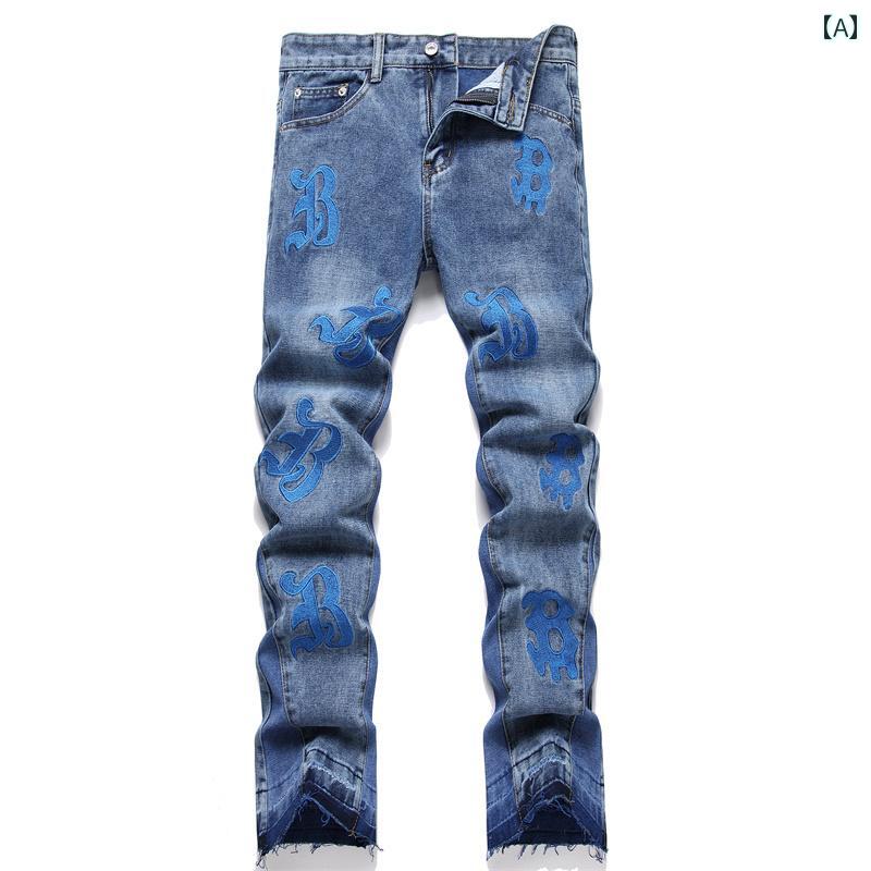 Skinney Pants - デニムパンツ ジーンズ メンズ 刺繍 カジュアル メンズ スリム ストレッチ 快適 ストレッチ性 ロング パンツ 個性 おしゃれ