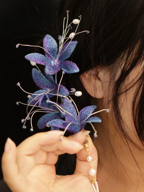 ヘアアクセサリー かわいい 髪飾り ブルーフラワー タッセル ヘッド ドレス 漢服 唐宋時代 小さめ サイ..