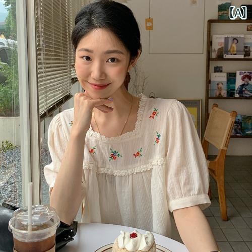 夏 トップス 韓国 シック フラワー 刺繍 スクエアネック スプライシング レース パフスリーブシャツ ベビー ドール