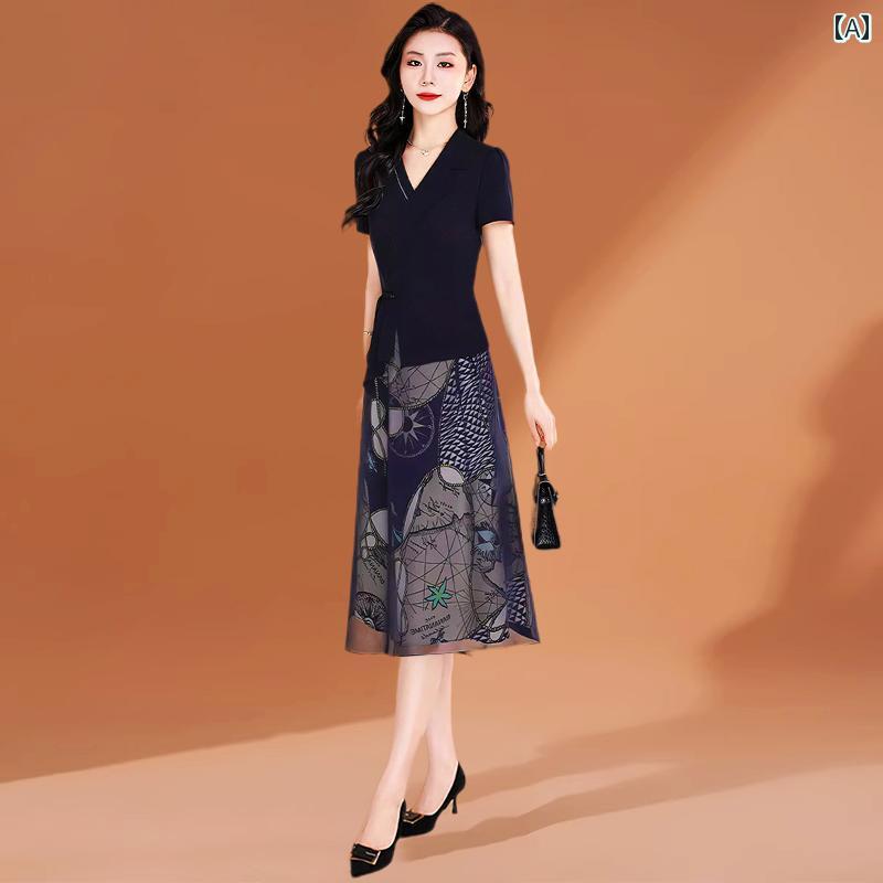 ワンピース 台湾 ガーゼ 豪華感 ドレス レディース 夏 小柄 エレガント お母さん ミセス 半袖 上品 ネイビーブルー