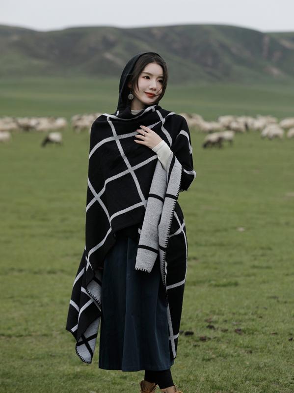 レディース 秋 冬 ショール おしゃれ スカーフ ショール マント 厚手 暖かい 兼用 韓国 チェック柄 草原 旅行 服