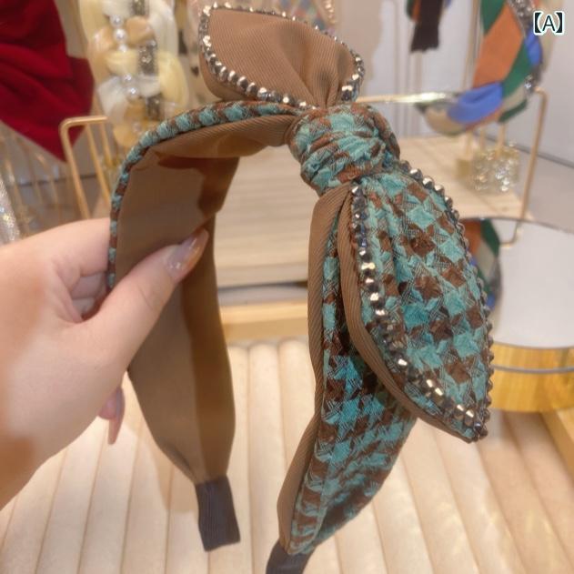 レディース カチューシャ 髪留め 高 頭蓋 つば広 ヘア バンド 千鳥格子 ステッチ モランディ リボン ヘ..