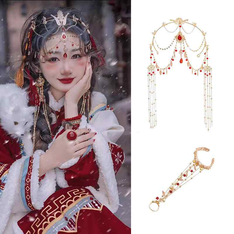 漢服 ヘッド バンド ブレスレット レトロ 衣装 タッセル 眉 ペンダント ベル ジュエリー チャイナ風 ウェディング 花嫁 髪 冠 頭飾り