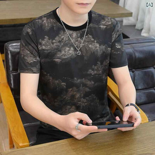 Tシャツ カジュアル メンズ ファッション ジャカード 涼しげ シャツ 半袖 薄手 スリムフィット トップス 夏 ファッション 水墨画 Tシャツ カジュアル メンズ ファッション ジャカード 涼しげ シャツ 半袖 薄手 スリムフィット トップス 夏 ファッション 水墨画