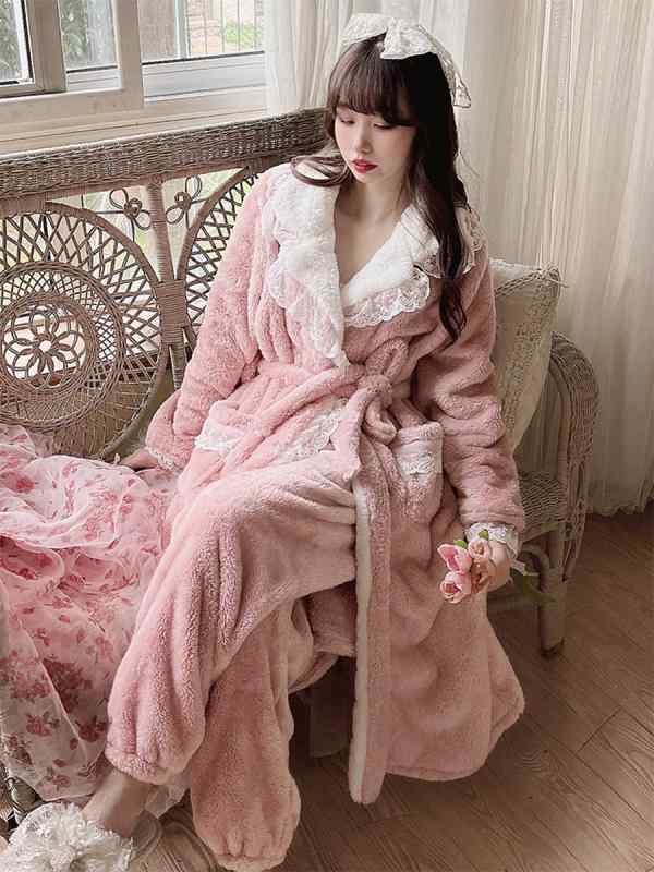 パジャマ かわいい コーラル フリース ネグリジェ ロング レディース 冬 フランネル バスローブ 暖かい ホーム 服 セットアップ