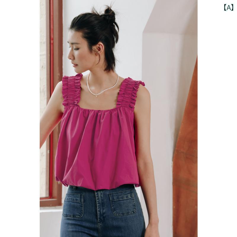 トップス シャツ キャミソール レディース レッド ワイド ショルダーストラップ 夏 アウター 黒 ショート ハイエンド ノースリーブ ベビー ドール