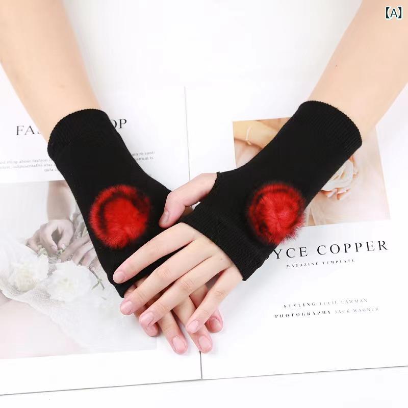 アーム カバー 秋冬 うさぎ ファー ハーフ ロング フィンガーレス グローブ 指し 手袋 ミトン 赤 黒