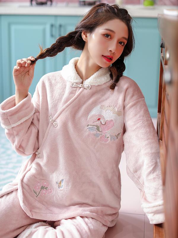 パジャマ レディース 魔法陣 サークル 中国風 刺繍 バックル 唐 スーツ フランネル レディース 秋 ホーム 服 セット