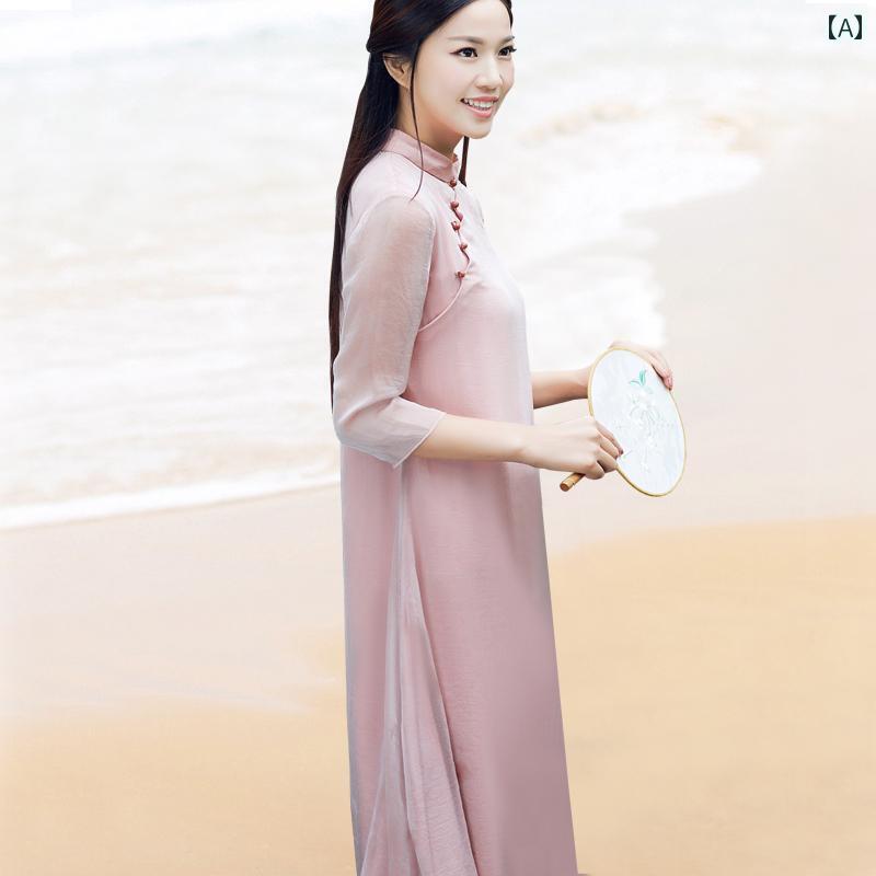 여성 여름 원피스 복고풍 중국풍 릴렉스 웨어 문학 한복 차이나 드레스 미들 길이 에스닉 여성 티