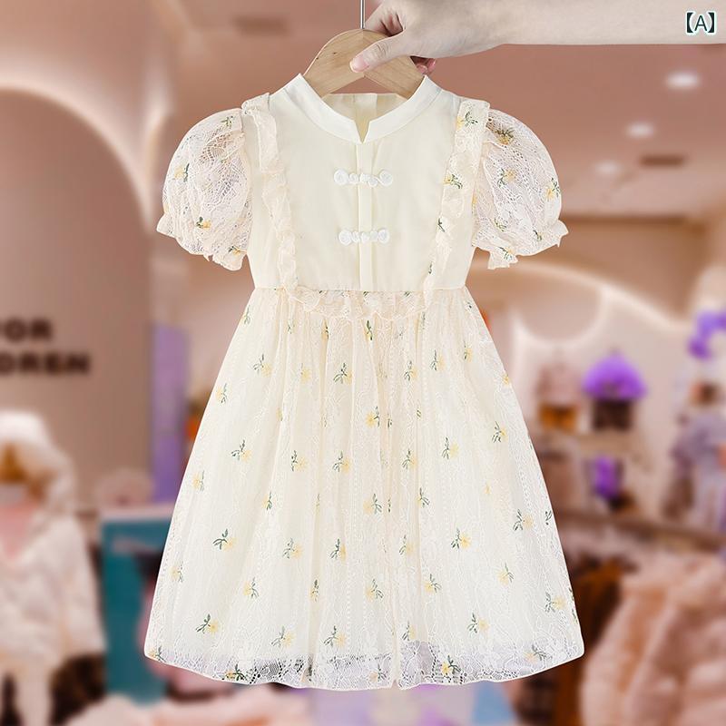 夏 キッズ ワンピース ガールズ ドレス 子供服 小さい バックル プリンセス 西洋風 花 スカート 薄型