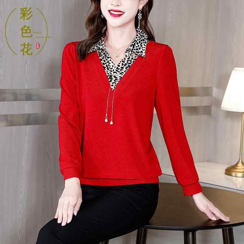 シャツ レディース ファッション 秋冬 長袖 ヒョウ柄 継ぎ 合わせ フェイク ツーピース 大きいサイズトップス スリム