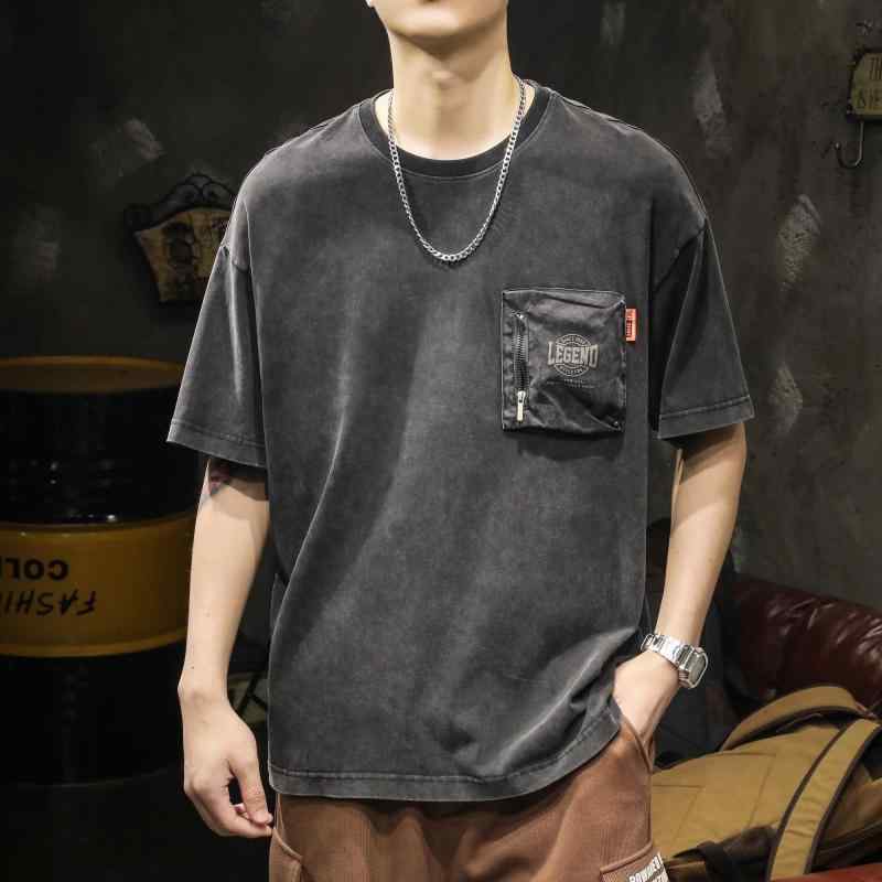 Tシャツ メンズ 夏 アメリカン ウォッシュ コットン 半袖 シャツ ヘビー 立体 パッチポケット トップス ラウンドネック ゆったり ファッション かっこいい カジュアル