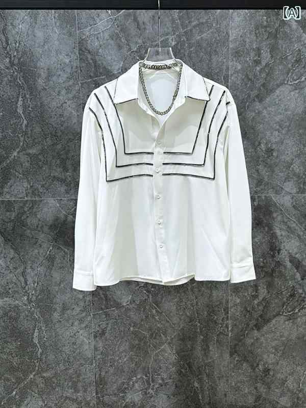 長袖シャツ 春夏 金属装飾 シャツ メンズ 個性 ドレープ トップス 韓国 ポインテッドカラー カジュアル モード