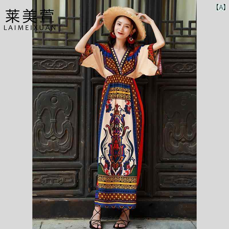 レディース 夏 リゾート ワンピース タイ 旅行 エスニック ドレス 青海湖 海辺 休暇 ビーチ 女性 スリム ロング