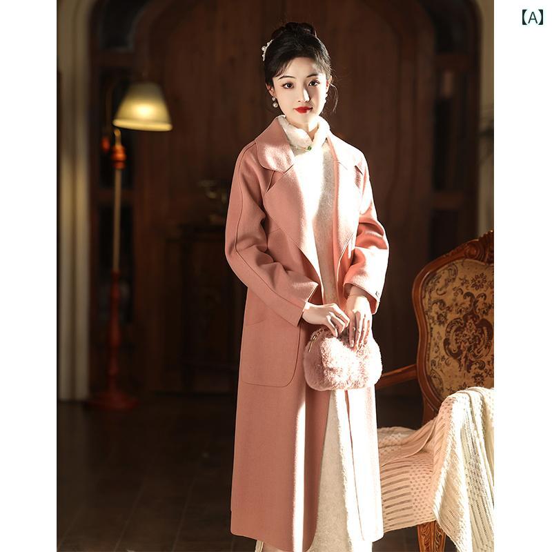 ドレス コート チャイナ 民族衣装 レディース ピンク ウール トースト ウェア 婚約 秋冬 厚手 女性 普段使い 日常着 冬