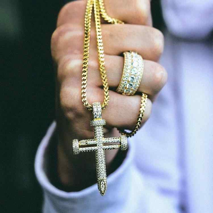 ネックレス かっこいい ネイル クロス ヒップホップ ペンダントチェーン ストーン ゴールドメッキ キャ..
