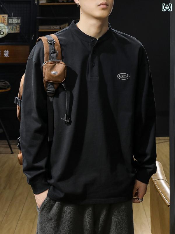 ポロシャツ おしゃれ 春秋 綿 長袖 Tシャツ メンズ アメリカ スウェットシャツ メンズ インナー 重ね着 シャツ テキスト スタンドカラー ドロップスリーブ(4.0)