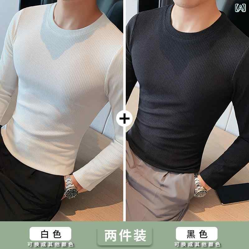Necked Turtle - メンズ カジュアル ストライプ 長袖 T シャツ スリム ラウンドネック 秋冬 ベルベット 肥厚底 インナー 白
