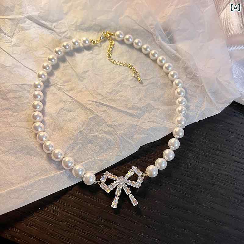 レディース ネックレス チェーン 軽い パール ジルコン リボン 鎖骨 チョーカー