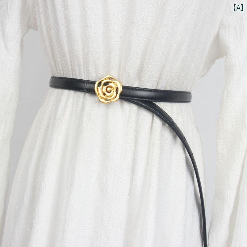 楽天セキュアデポレディース ファッション カジュアル 革 細ベルト ローズ メタル バックル ガール スカート ワンピース ズボン 花 おしゃれ かわいい 調節可能 コーディネート