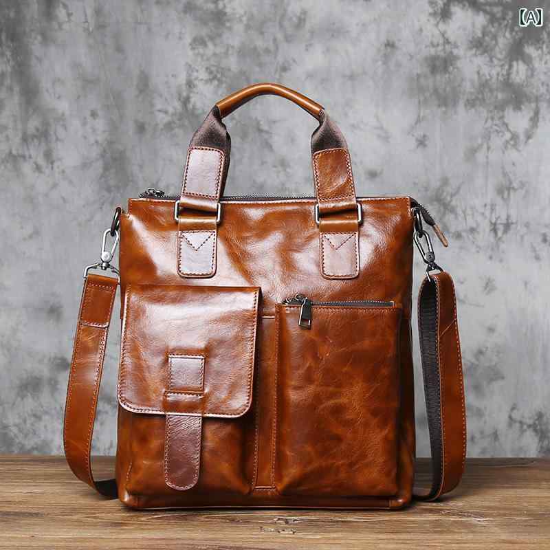 メンズ カジュアル ハンドバッグ ビジネス レザー レトロ ブリーフ ケース 最上層 牛革 縦型 通勤 ドキュメント バッグ ショルダー クロス ボディバッグ