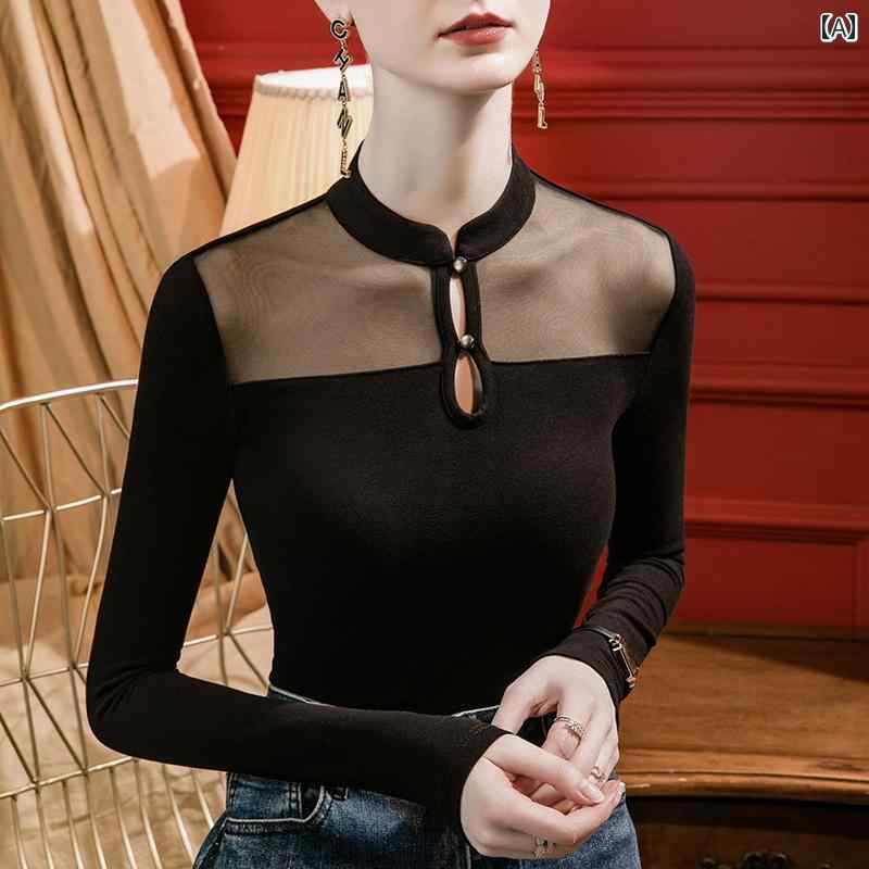 レディース ダンス トップス 起毛 スタンドカラー メッシュ スプライシング ラテン 女性 スリムフィット 秋冬 標準 モダン 社交 服