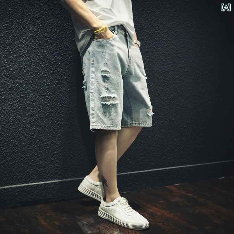 メンズ リップド デニム ショート パンツ ゆったり アウター 五分丈 パンツ 大きめサイズ ミディアム ジョッパーズ 夏 細身 レジャー