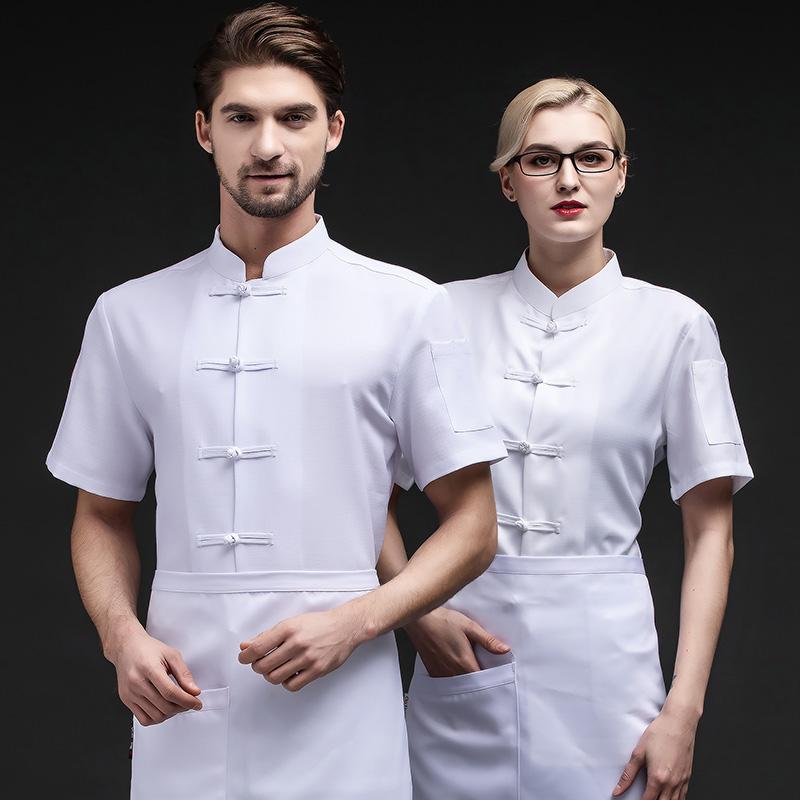 厨房 ユニフォーム コック 洋食屋 コーヒーショップ中国 人 シェフ ウェイター 半袖 ワンピース バックル メンズ ホテル レストラン キッチン 作業着 綿 夏