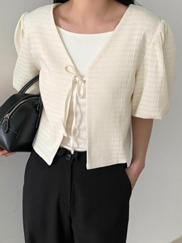 レディース ファッション 韓国 シック 夏 若々しい レトロ シンプル Vネック ミッド スリーブ パフスリーブシャツ カーディガンジャケット