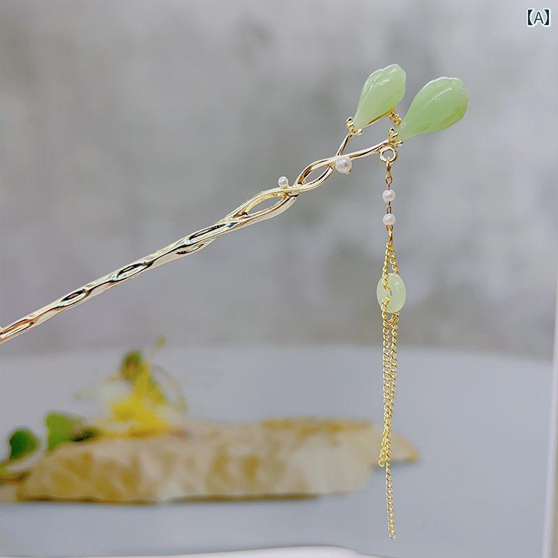 かんざし おしゃれ レディース ヘア アクセサリー 髪飾り レトロ 新緑 花 つぼみ ヘアピン チャイナ風 レトロ シンプル