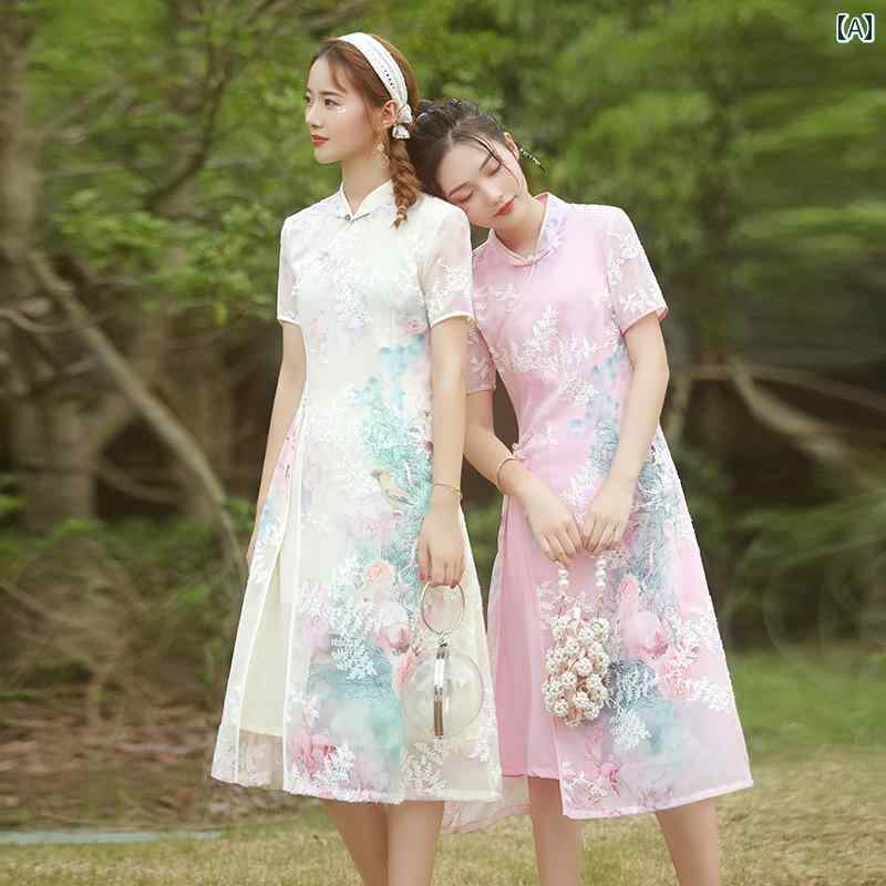 夏 チャイナ ドレス レトロ ワンピース パフォーマンス 撮影 衣装 ミッドレン アオザイ シフォン ガール 普段着 艶やか