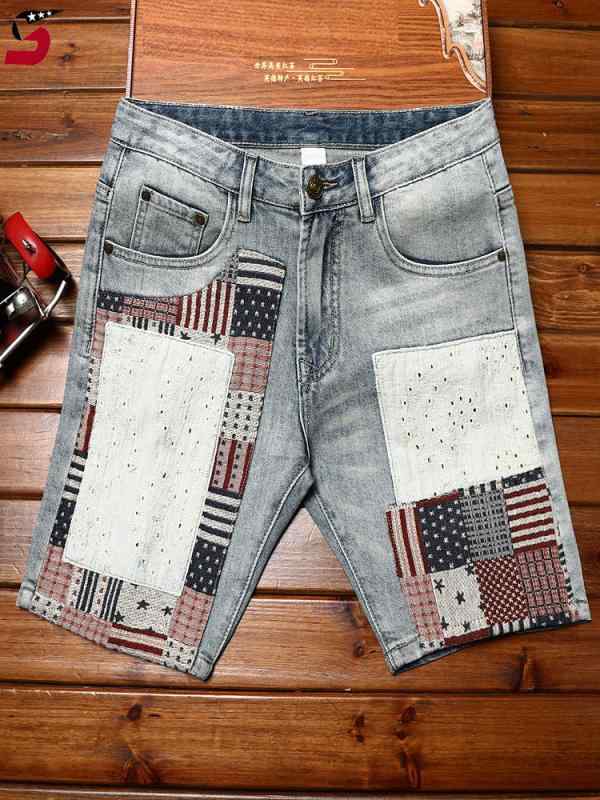 Patchwork Shorts - ハーフ パンツ メンズ カジュアル おしゃれ着 豪華 デニムショートパンツ スリムフィット ストレッチ ファッション 韓国 ショート パンツ 5分丈パンツ パッチワーク