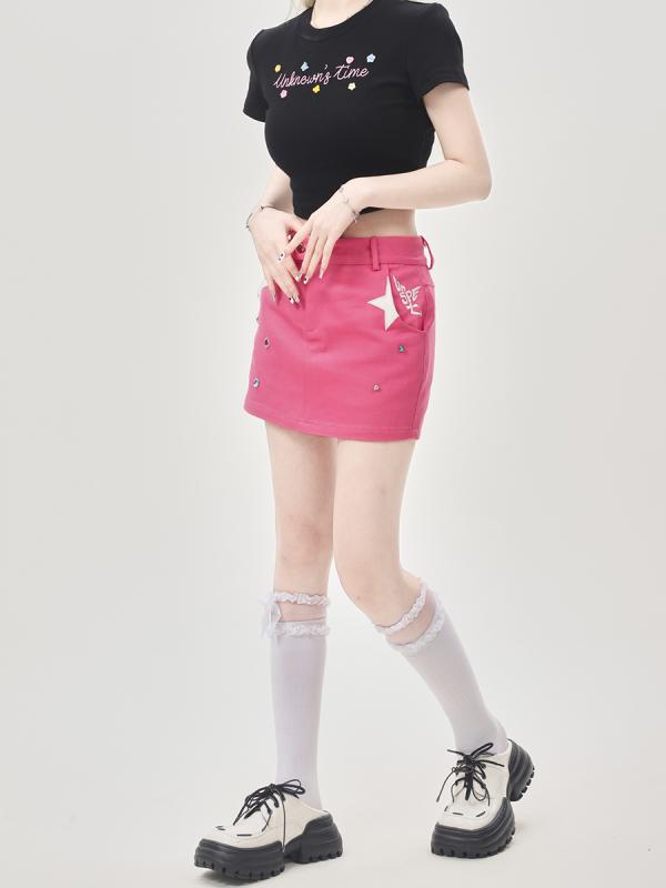 レディース アメリカン ストリート 刺繍 aライン スカート ラズベリーピンク グリッター スカート キャンパス スカート