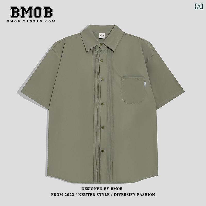 メンズ カジュアル シャツ トップス 半袖 涼しい サマーウェア レトロ ワークウェア プリーツ シルエット サマー シティ ボーイ