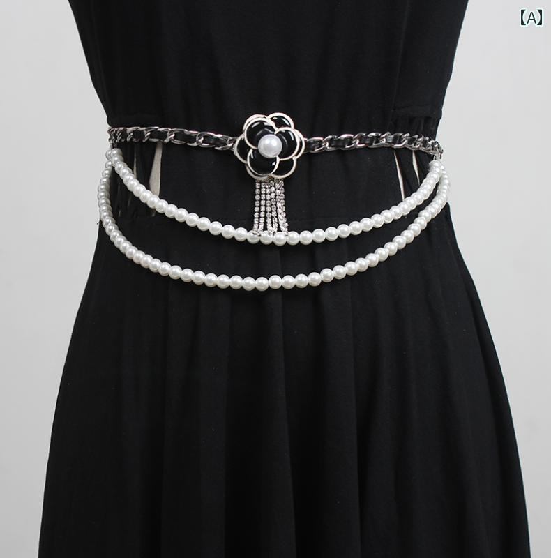 チェーンベルト レディース おしゃれ ファッション パール チェーンベルト レディース おしゃれ 二重層 ラインストーン ウエスト スカート フラワー フェミニン アクセサリー