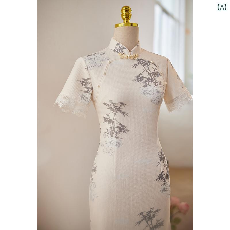 China Dress - レディース 夏 民族衣装 コスチューム 美しい オフ ホワイト チャイナ ドレス 女性 中華風 上品 洗練 普段使い 日常着 竹