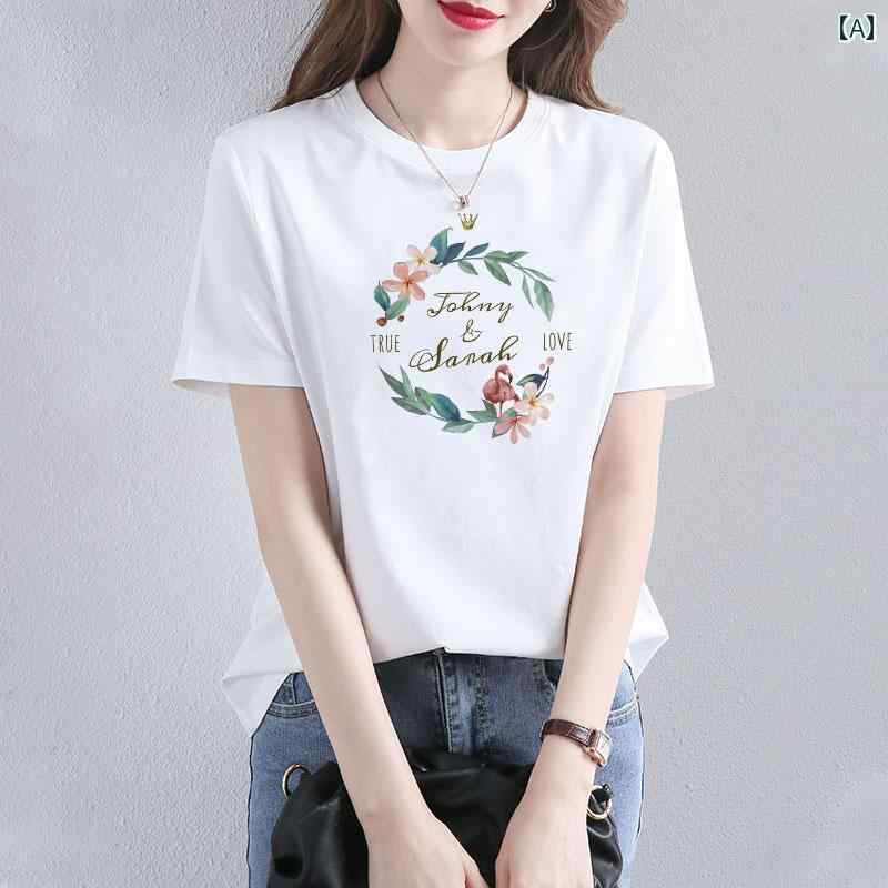 Three-Quarter - レディース 夏 カジュアル T シャツ 普段着 快適 綿 tシャツ 半袖サマー ゆったり プリント