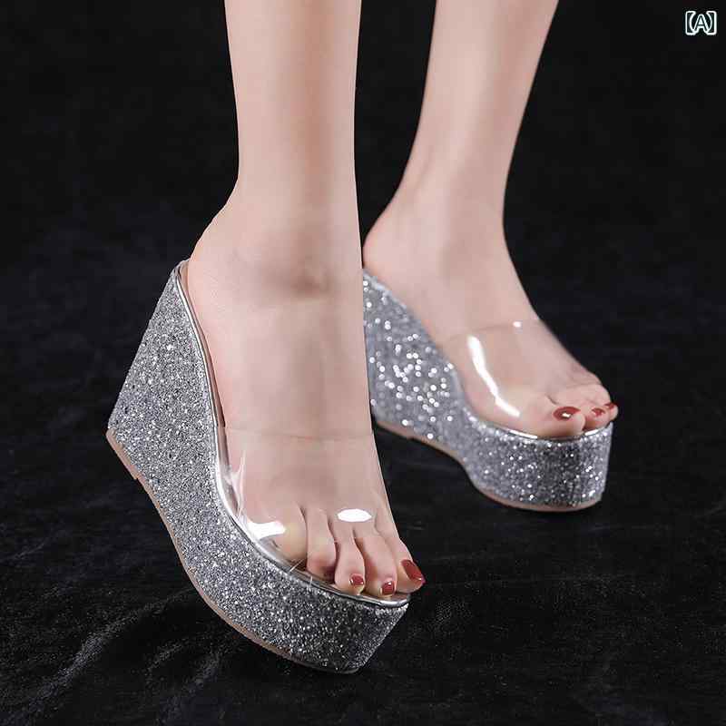 レディース 夏 防水 厚底サンダル 透明 プラットフォーム シューズ ウェッジ ハイヒール 靴底 増加 スパンコール 厚底 サンダル スリッパ(4.0)