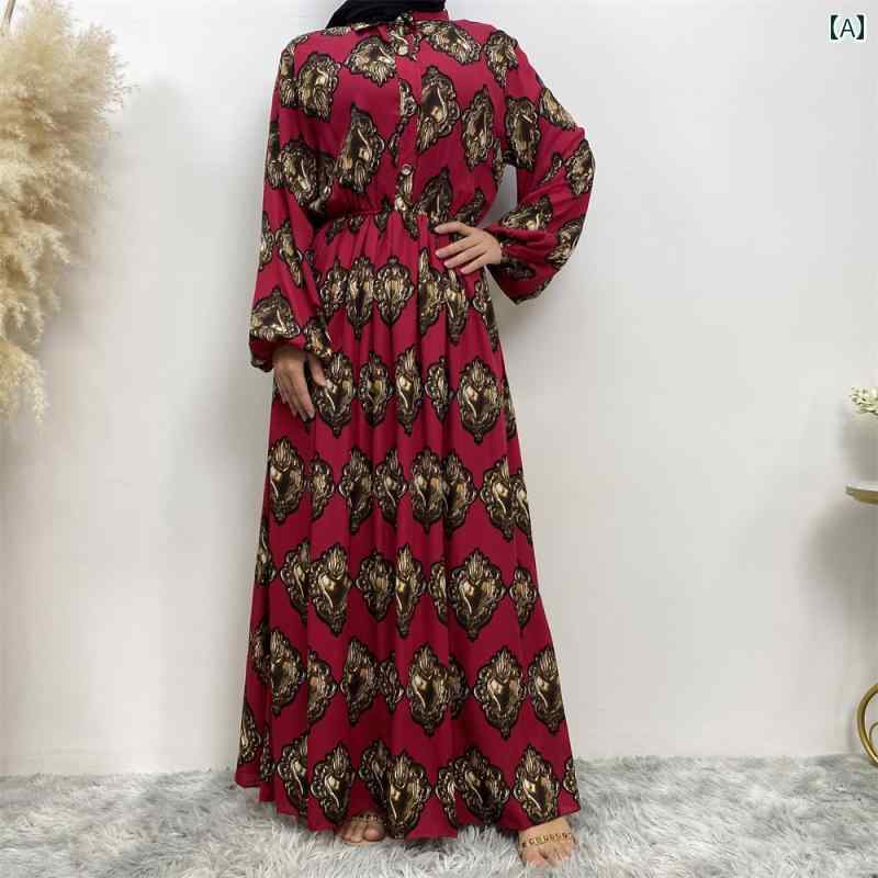 レディース エスニック ワンピース 民族衣装 ゆったり 体型カバー ファッション 長袖 大きめ サイズ ドレス 聖心 プリント ランタン スリーブ シフォン ウエスト ボヘミアン 保守的