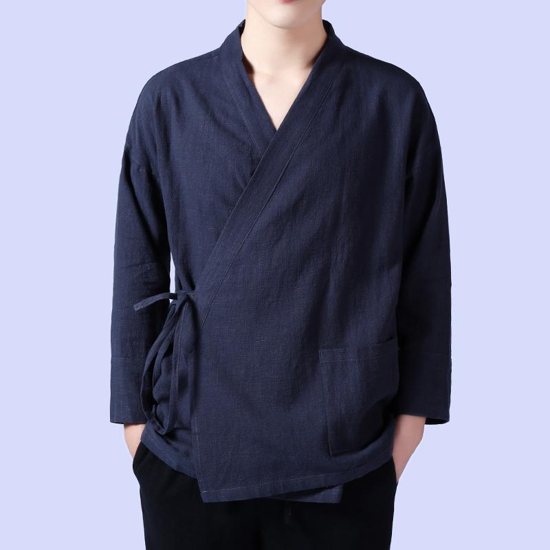メンズ チャイナ風 リネン 漢服 レトロ 中国風 斜め襟 長袖 衣装 トップス メンズ 秋 レジャー コットン 服 ファッション シンプル