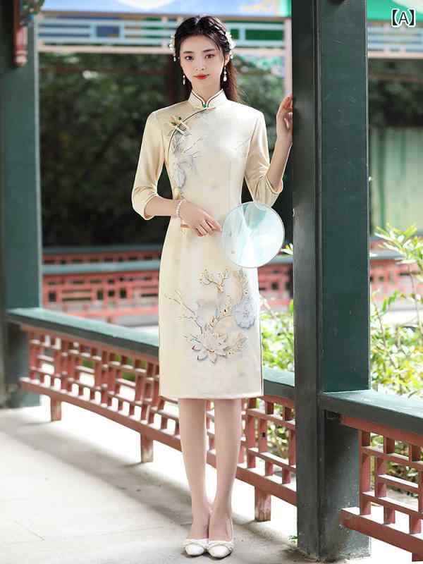 China Dress - チャイナドレス エレガント おしゃれ レトロ ワンピース 秋冬 女子 若い 鹿 革 ベルベット 中国 スリム ミッド スリーブドレス 女性 ドレス