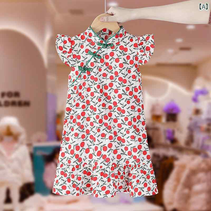 드레스 키즈 웨어 걸스 한복 여름 아이 꽃 차이나 중화 면 플라잉 소매 프린세스 얇은