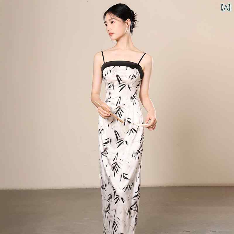 レディース 夏 ファッション エスニック 用 チャイナ ドレス レトロ プリント ロング ワンショルダー ボトム サスペンダー スカート