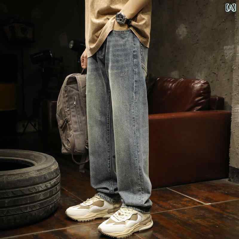 メンズ 長ズボン ロングパンツ ボトムス 春秋 オールシーズン適 アメリカン デニム ジーンズ ストリート ダメージ加工 レトロ ウォッシュド ヴィンテージ風ブルー ストレート ストレッチ性し カジュアル レジャー(4)